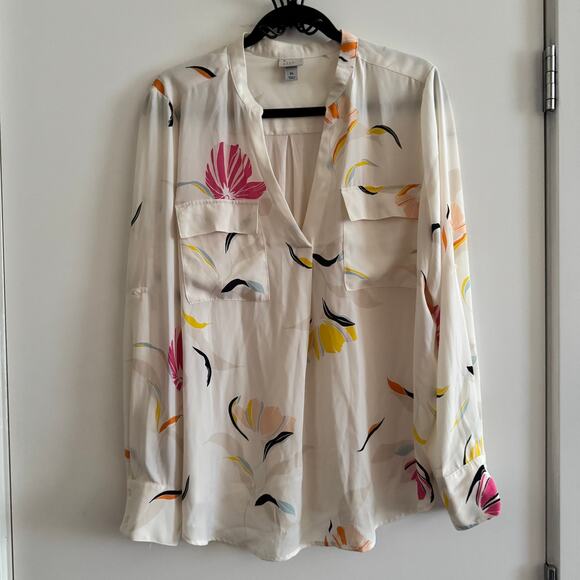 A New Day Top White Round Split Neck Floral Front Pocket Long Sleeve Sz X - Picture 3 of 5